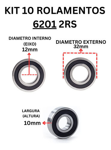 Rolamentos 6201 2rs Kit Com 10 Peças 12x32x10