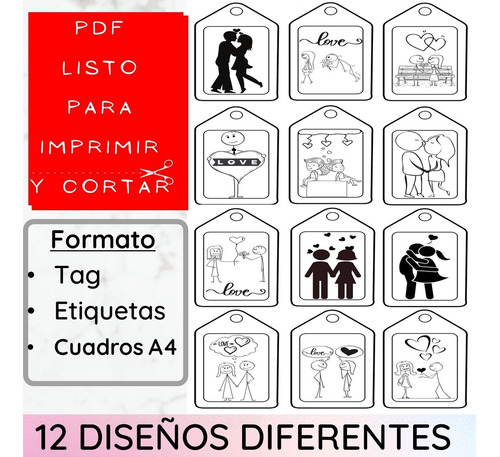 Imagen 1 de 5 de Kit Imprimible Pdf 2 San Valentín B N Tag Etiquetas Cuadros