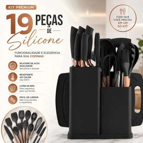Kit 19 Utensílios De Cozinha Em Silicone Cabo De ​Madeira Completo Resistente Ao Calor Livre De Bpa Para Panelas Antiaderentes Com Suporte Tabua De Corte Espátulas Colheres Preto - Shokki