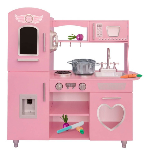 Cocina de Juguete para Niñas Color Rosa Deluxe Vintage Pink, Cocinita de Madera de Kids House Con Sonidos, Con Gran Espacio para Almacenar Sus Ollas y Comida