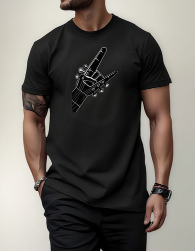 Playera Hombre Diseño De Guitarra En Camiseta Negra321