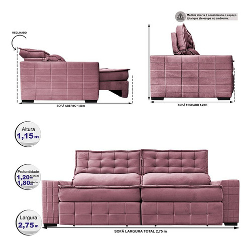 Sofá Retrátil 2,75m Cama Inbox Big Puffer. Com Softgel d40 Cor Rose