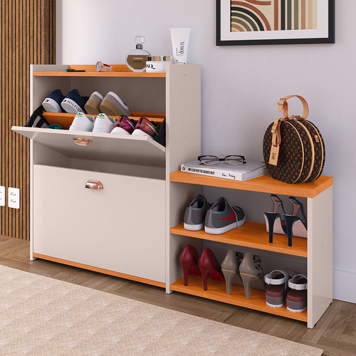 Sapateira Organizadora Com Assento Hall Porta Basculante - Off White / Cinamomo