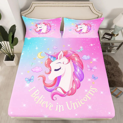 Sabana + 2 Fundas De Almohada De Unicornio Rosa