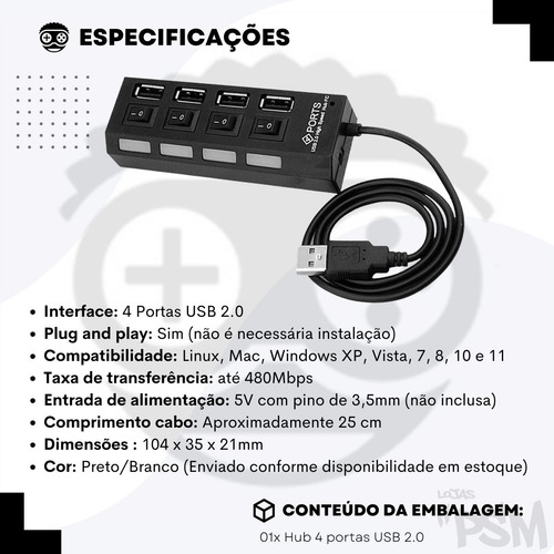 Régua Usb 2.0 Extensão Hub Switch Led Abre 4 Portas Divisor