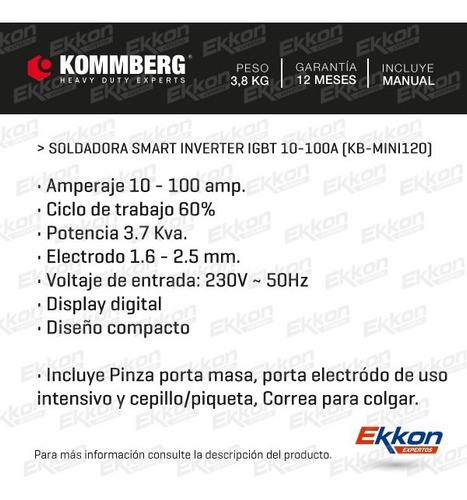 Imagen 2 de 9 de Oferta Soldadora Inverter Kommberg + Digital + Masc + Esc