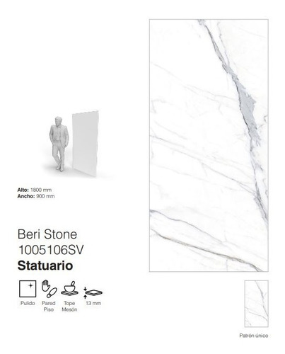 Piedra Beri Stone Pulido , Ovefland, Statuario 1800x900x13mm