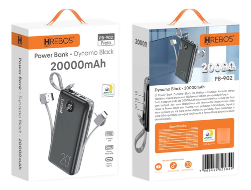 Power Bank 20.000mah Carregador Rápido Com Display Hrebos Cor Preto