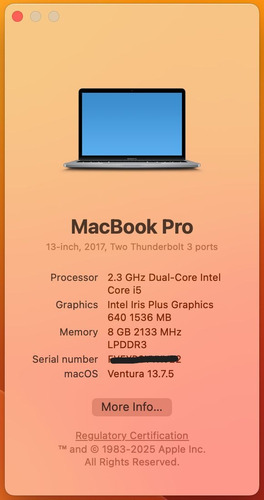 Macbook Pro 13 2017 - Core I5 8gb 256 Gb Ssd Macos Ventura (Usado)