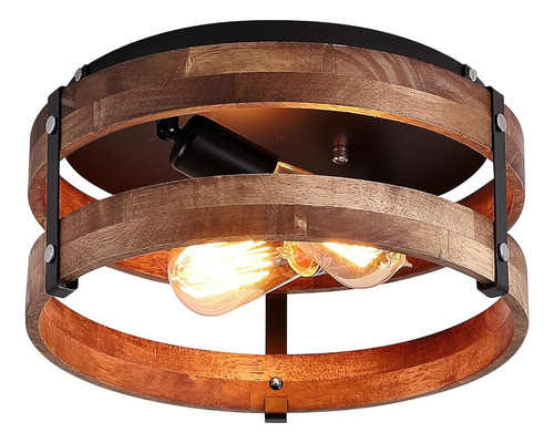 2-light Rustic Flush Mount Light Fixture Oak Wood Round Drum