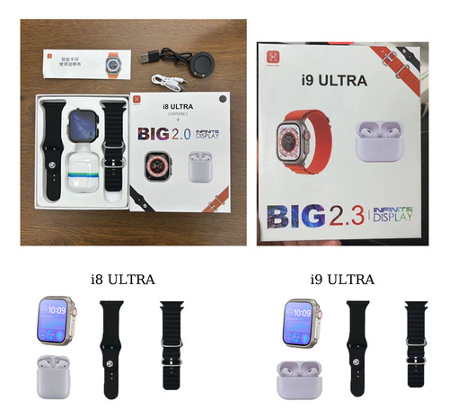 Funda para auriculares Bluetooth I8 Ultra Smartwatch TWS 2 en 1, color negro