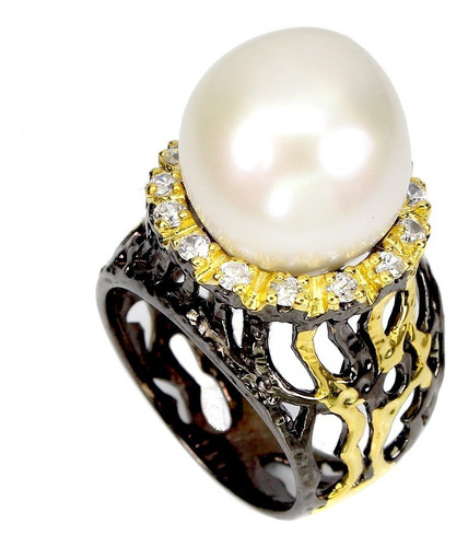 Anillo Perla/zirconia, Plata 925/baño Oro Amarillo 14k/rodio