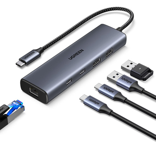 Ugreen Adaptador Usb C A Ethernet 1000mbps, 5 En 1 Con 2usb-