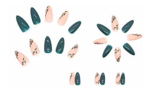 Ahesivas Uñas Postizas Matte Hojas Verdes Moda Wearing Nails