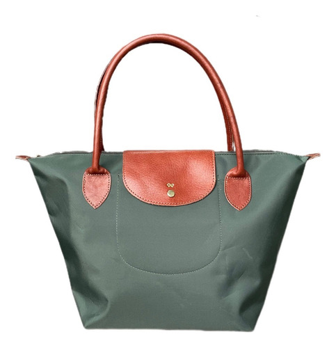 Cartera Mujer Midi Plegable Tela Impermeable Y Cuero Vacuno Verde Militar Lisa Oro Marrón