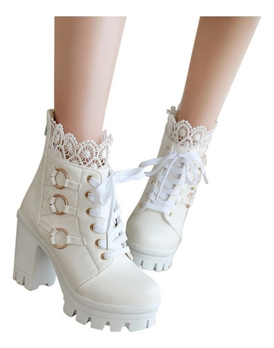 R Boot C1092 Moda Invierno Encaje Color Puro Tacón Alto Muje