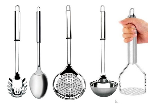 Kit Utensílios Para Cozinha Com 5 Peças Aço Inox