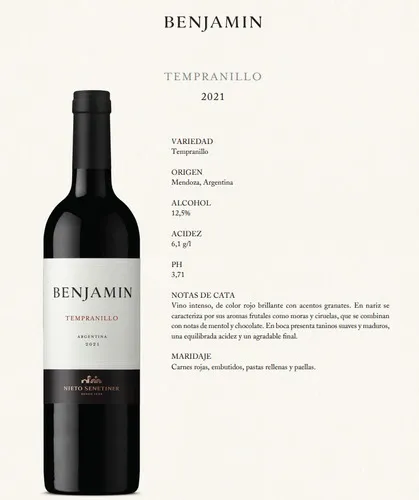 Benjamín Vino Tempranillo 750ml Nieto Senetiner