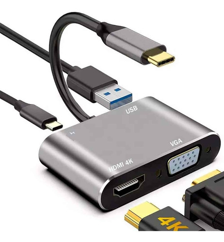 Adaptador 4 En 1 Usb C A Hdmi 4k, Vga, Usb 3.0, Pd Carga
