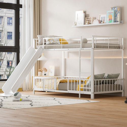 Benicabaly Twin Over Twin Size Metal Bunk Bed With Slide And
