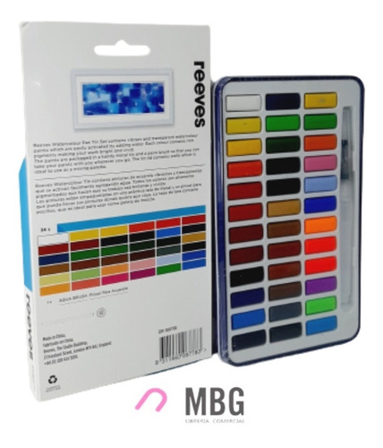 Imagen 4 de 6 de Acuarelas Pastillas Reeves En Lata X 36 Colores + Aqua Brush