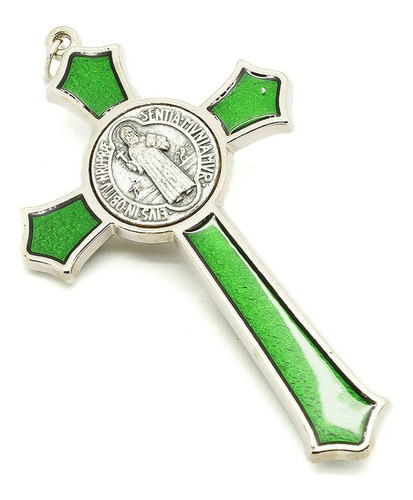 Imagem 2 de 3 de Crucifixo São Bento Prateado - Detalhe Em Resina Verde