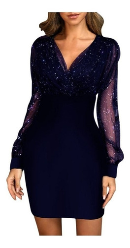 Dress Sequins Short Long Sleeve Retro Elegant Black