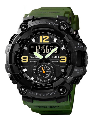 Reloj de pulsera Skmei 1637 de cuerpo color negro, analógico-digital, para hombre, fondo negro, con correa de poliuretano color verde, agujas color verde y negro y blanco, dial amarillo y blanco, subesferas color negro, minutero/segundero blanco, bisel color negro, luz verde y hebilla doble