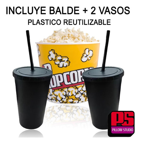 Almohadón Pop-corn Pacman Vasos + Balde Plast. Reutilizable Negro Cine