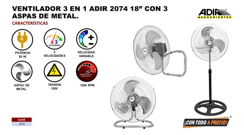 Ventilador 3 En 1 Adir 2074 18 Con 3 Aspas De Metal