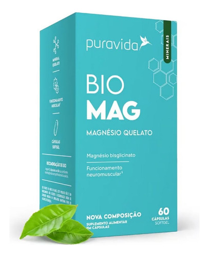 Bio Mag Magnésio Quelato Bisglicinato (60 Softgels) Puravida Sabor sem