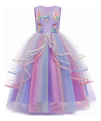 Vestido De Fiesta De Princesa Unicornio Arcoíris Para Niñas