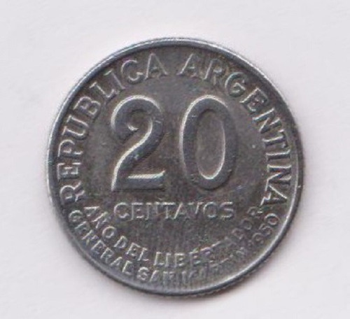 Argentina 1950 Moneda 20 Centavos Var. Canto Grueso Cj # 228
