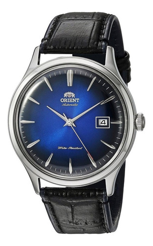 Reloj pulsera Orient FAC0800 con correa de cuero color negro - fondo azul - bisel plateado