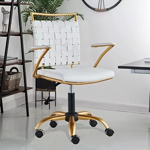CAROCC Silla de oficina dorada y blanca, silla de escritorio para oficina  en casa con ruedas giratorias de cuero para computadora, silla de oficina