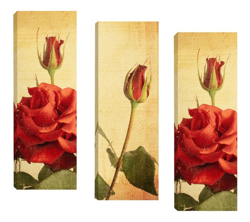 Trio De Quadros Tela Floral Vermelho 20x60cm Rosas E Tulipa