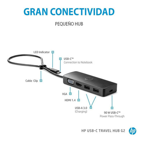 Imagen 2 de 2 de Adaptador Hp Usb-c Travel Hub G2 Hdmi Vga Usb 7pj38aa