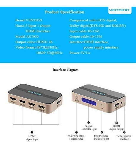Hdmi Splitter.vention Hdmi Switch 5x1 Puertos Hdmi Swit...