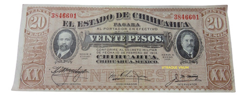 Billete 20 Pesos El Estado De Chihuahua 1915 Circulado
