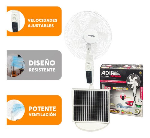Ventilador Solar Recargable 17pul Con Luz Y Control Adir Blanco