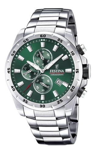 Reloj pulsera Festina Chrono Sport F20463 de cuerpo color plateado, analógico, para hombre, fondo verde, con correa de acero inoxidable color plateado, agujas color plateado, blanco y rojo, dial plateado y blanco, subesferas color verde, minutero/segundero blanco, bisel color plateado y desplegable