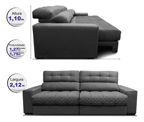 Sofá Retrátil e Reclinável com Molas Ensacadas Cama inBox Master 2,12m Tecido Suede Cinza