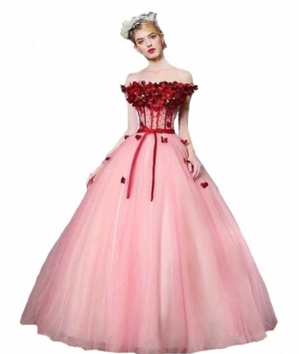 Hermoso Vestido De Xv Años 15 Rosa Vino Flores 3d Vintage | Meses sin  intereses