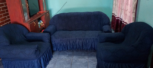 Fundas De Sillon 3+1+1 .alto Relieve 'tramada Azul Oscuro Floreado