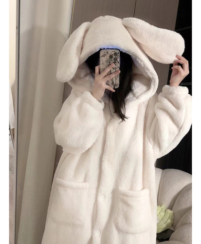 Pijama De Invierno Con Capucha Y Orejas De Conejo Esponjosas