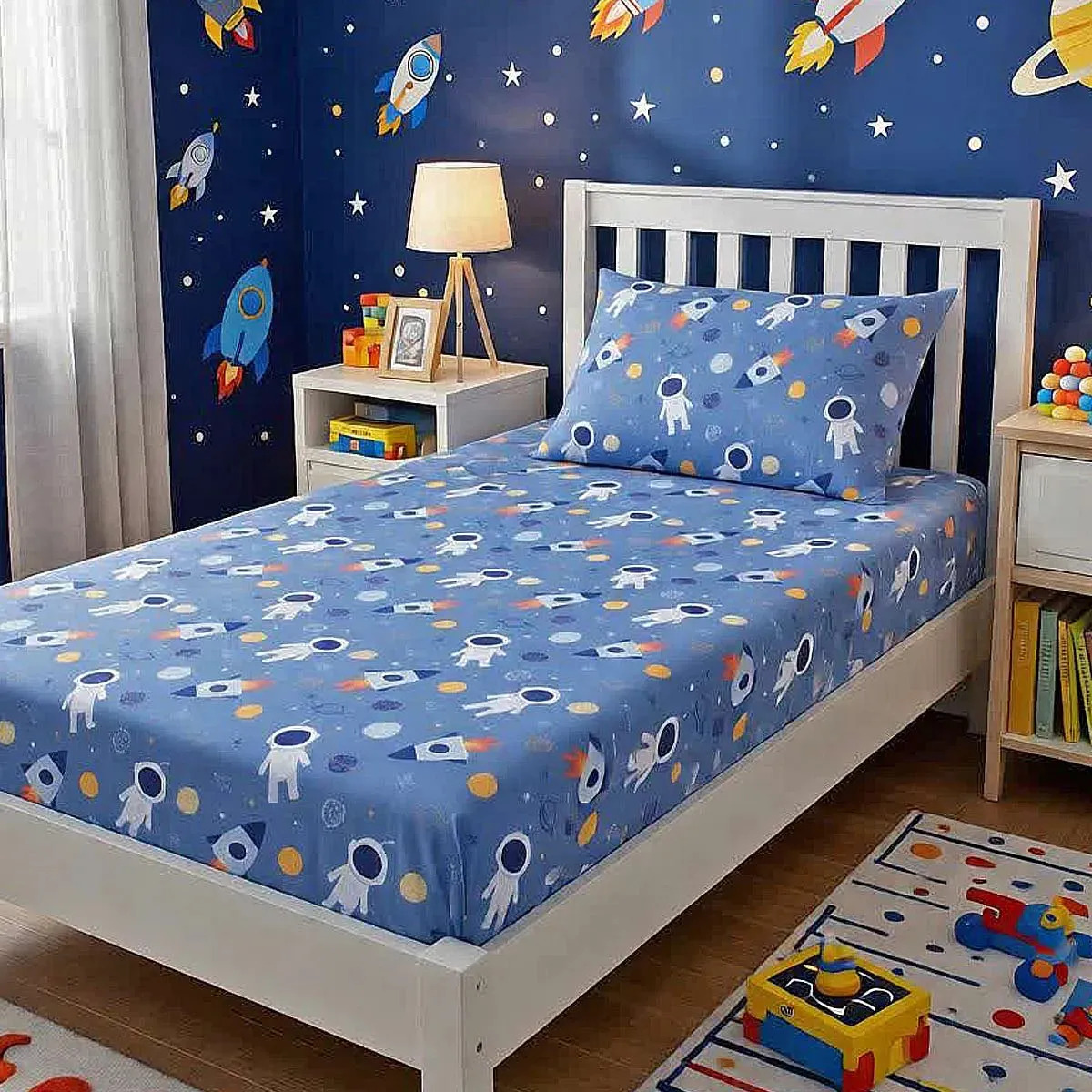 Jogo De Lençol Infantil Solteiro Espacial Azul Roupa De Cama Em Malha Astronauta Com Elástico 2 Peças - 70% Algodão Dblun Decorações