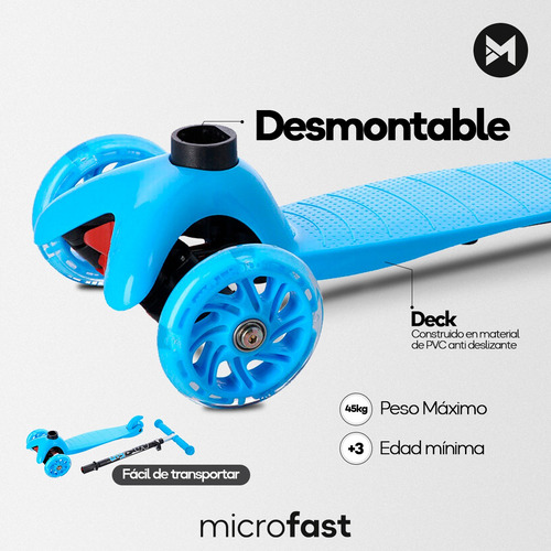 Imagen 7 de 9 de Monopatín Infantil Desmontable 3 Ruedas Luces Led Ajustable