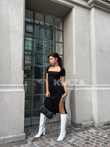 Vestido Midi Largo Con Tajo Mangas Cortas Elastizado Casual