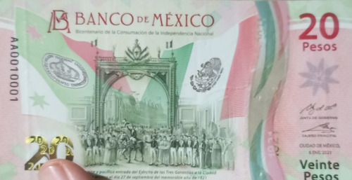 Billete Conmemorativo De 20 Pesos Serie Aa00010001 Coleccion