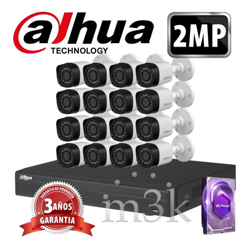 Kit Seguridad Dahua Full Hd Dvr 16 + Disco 1 Tb Instalado + 16 Camaras 2mp 1080p Exterior Infrarrojas + Ip M3k